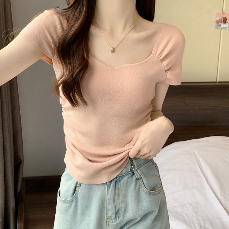 Square Neck Ruched T-Shirt Short Sleeve