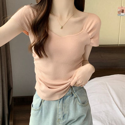 Square Neck Ruched T-Shirt Short Sleeve