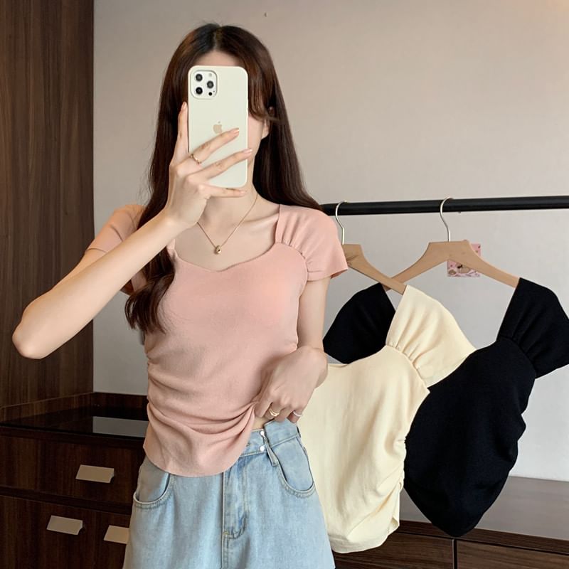 Square Neck Ruched T-Shirt Short Sleeve