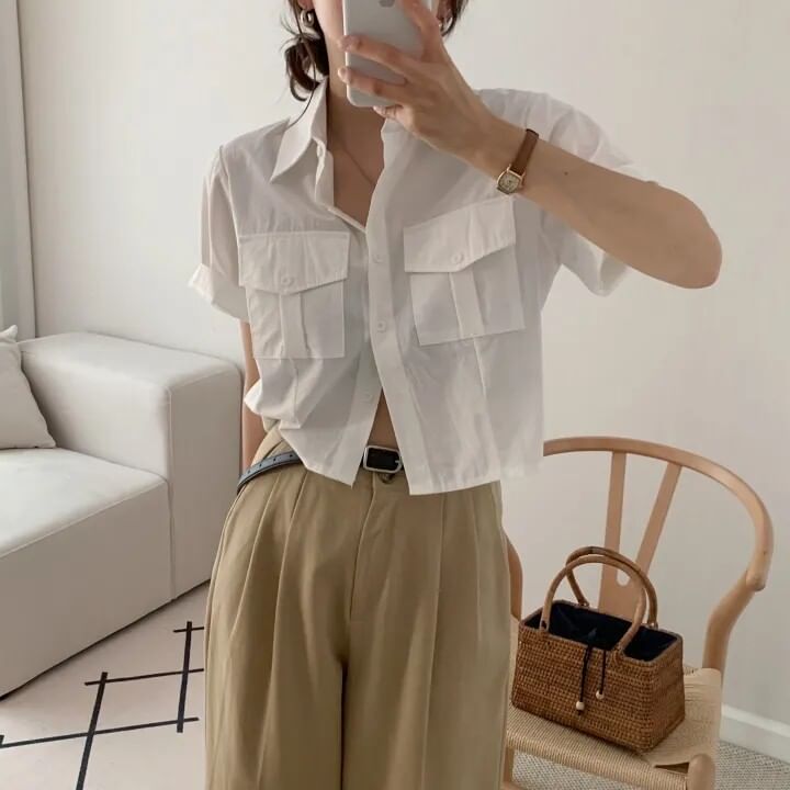 Collared Button Up Crop Shirt Short Sleeve