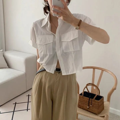 Collared Button Up Crop Shirt Short Sleeve