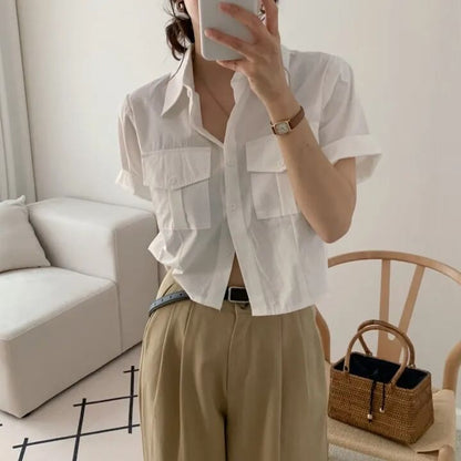 Collared Button Up Crop Shirt Short Sleeve