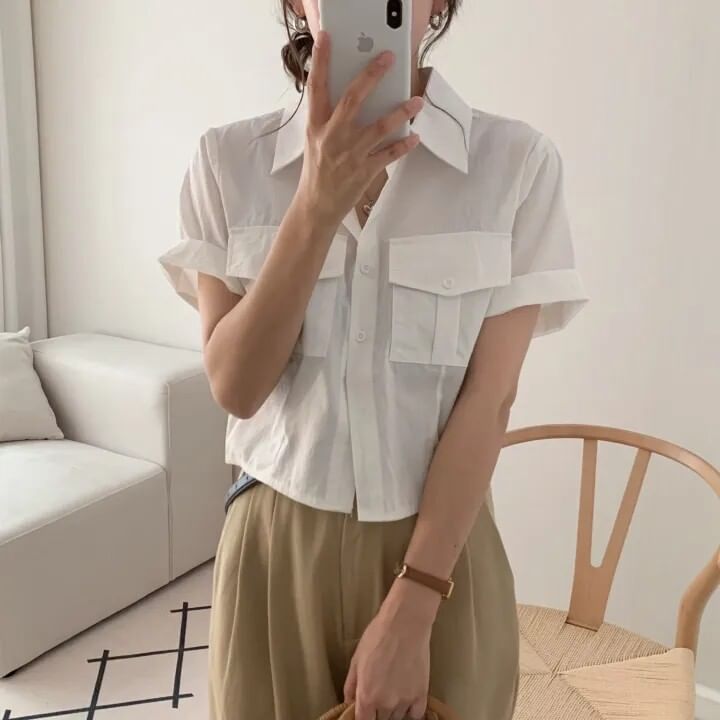 Collared Button Up Crop Shirt Short Sleeve