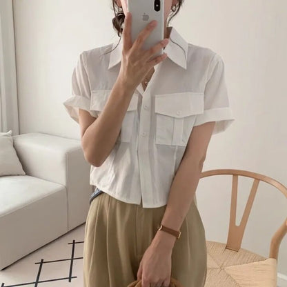 Collared Button Up Crop Shirt Short Sleeve