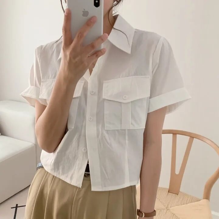 Collared Button Up Crop Shirt Short Sleeve