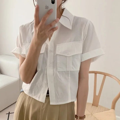 Collared Button Up Crop Shirt Short Sleeve