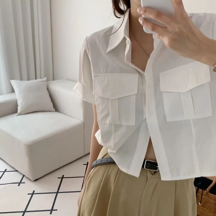 Collared Button Up Crop Shirt Short Sleeve