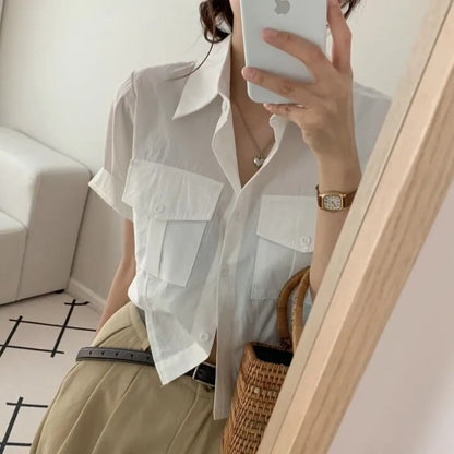 Collared Button Up Crop Shirt Short Sleeve