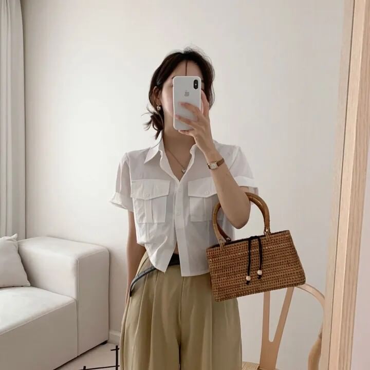 Collared Button Up Crop Shirt Short Sleeve