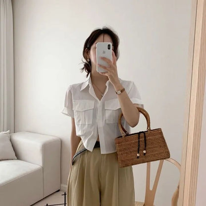 Collared Button Up Crop Shirt Short Sleeve
