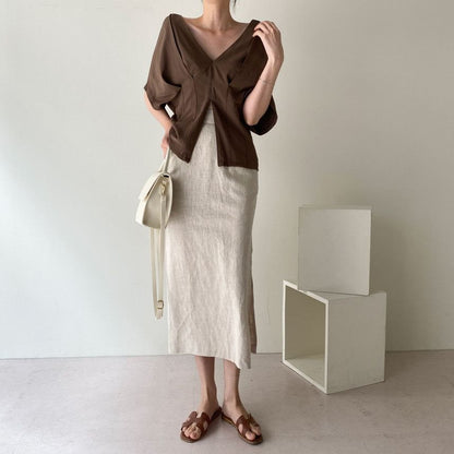 V-Neck Pleated Blouse Short Sleeve Style
