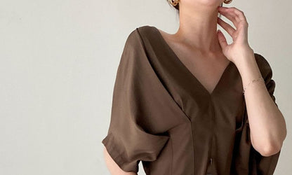 V-Neck Pleated Blouse Short Sleeve Style