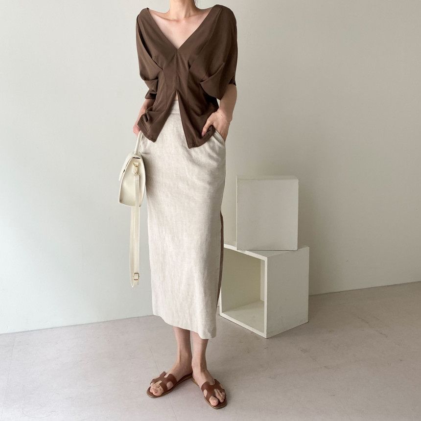 V-Neck Pleated Blouse Short Sleeve Style