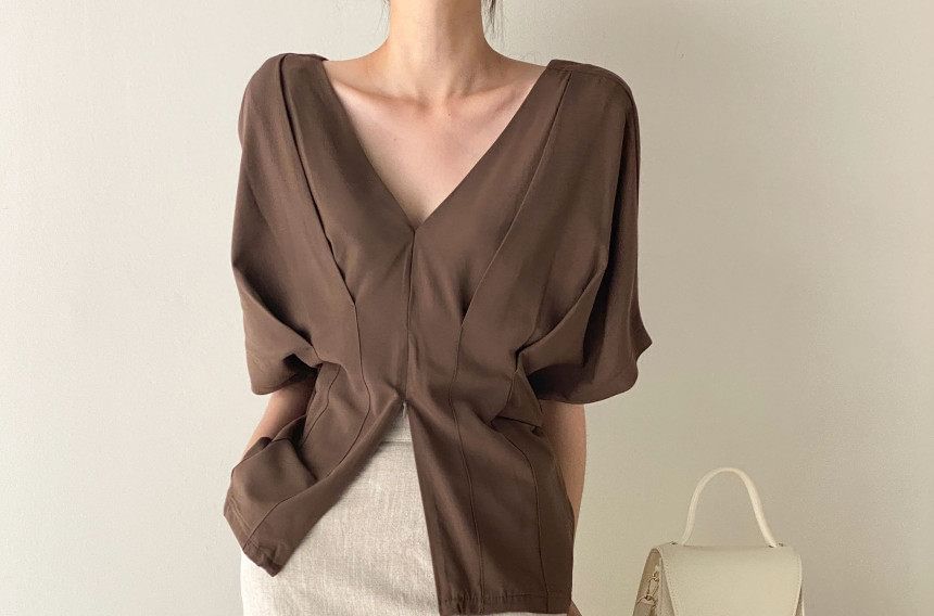 V-Neck Pleated Blouse Short Sleeve Style