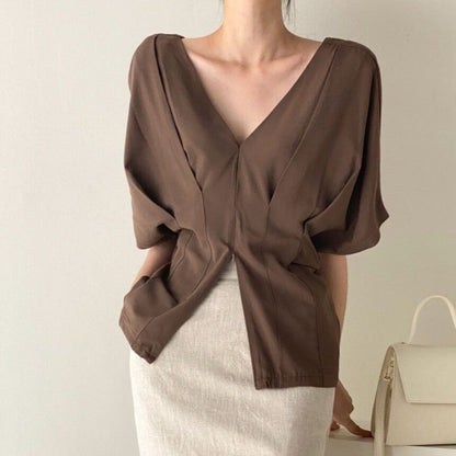 V-Neck Pleated Blouse Short Sleeve Style
