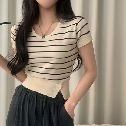 Striped Crop Knit Top Scoop Neck Short Sleeve