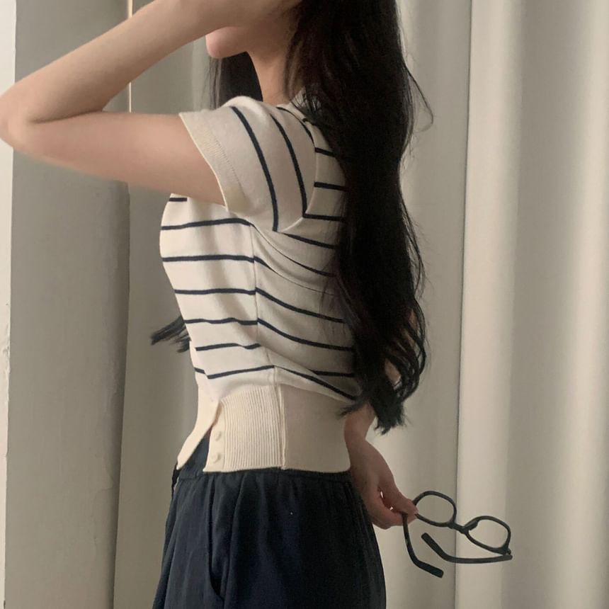 Striped Crop Knit Top Scoop Neck Short Sleeve
