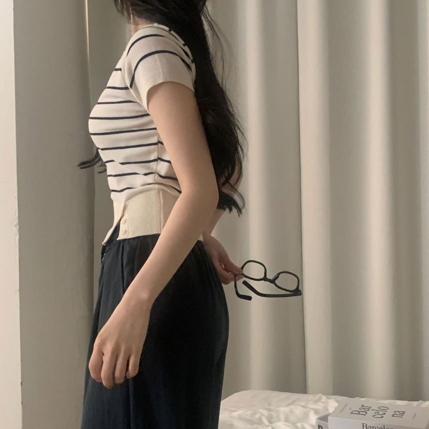 Striped Crop Knit Top Scoop Neck Short Sleeve