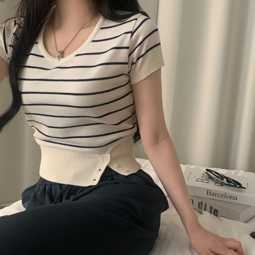 Striped Crop Knit Top Scoop Neck Short Sleeve