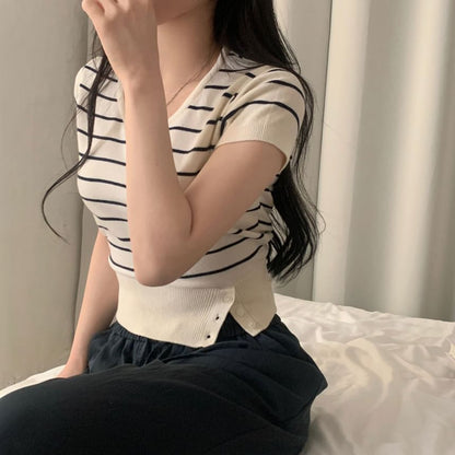 Striped Crop Knit Top Scoop Neck Short Sleeve