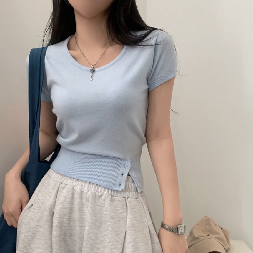 Striped Crop Knit Top Scoop Neck Short Sleeve