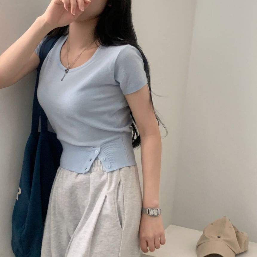 Striped Crop Knit Top Scoop Neck Short Sleeve