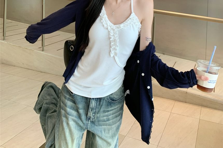 Halter Ruffle Trim Camisole and Lace Cardigan