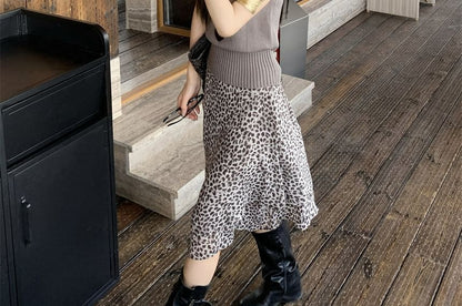Mock Neck Ribbed Knit Top and Leopard Skirt Set