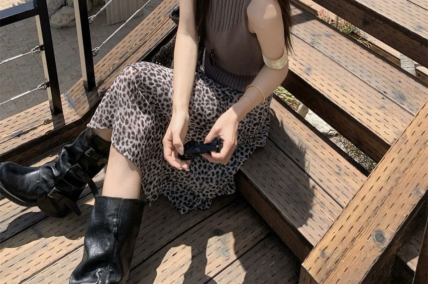 Mock Neck Ribbed Knit Top and Leopard Skirt Set