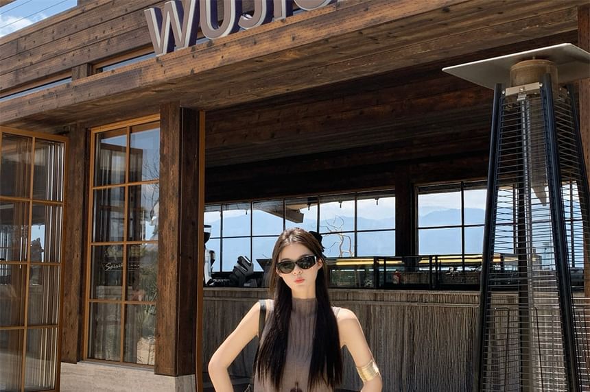 Mock Neck Ribbed Knit Top and Leopard Skirt Set