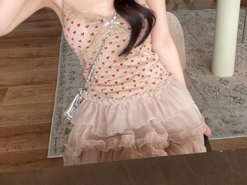 Dotted Camisole Top Cardigan Set with Mini Skirt