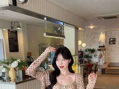 Dotted Camisole Top Cardigan Set with Mini Skirt