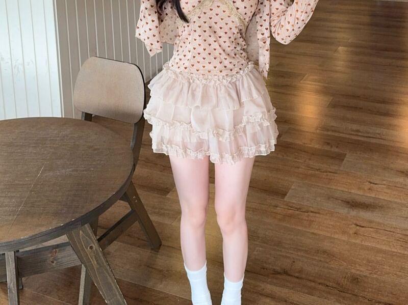Dotted Camisole Top Cardigan Set with Mini Skirt