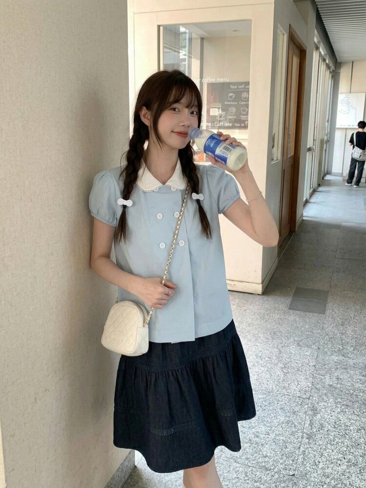 Double Breasted Collared Short Sleeve Blouse