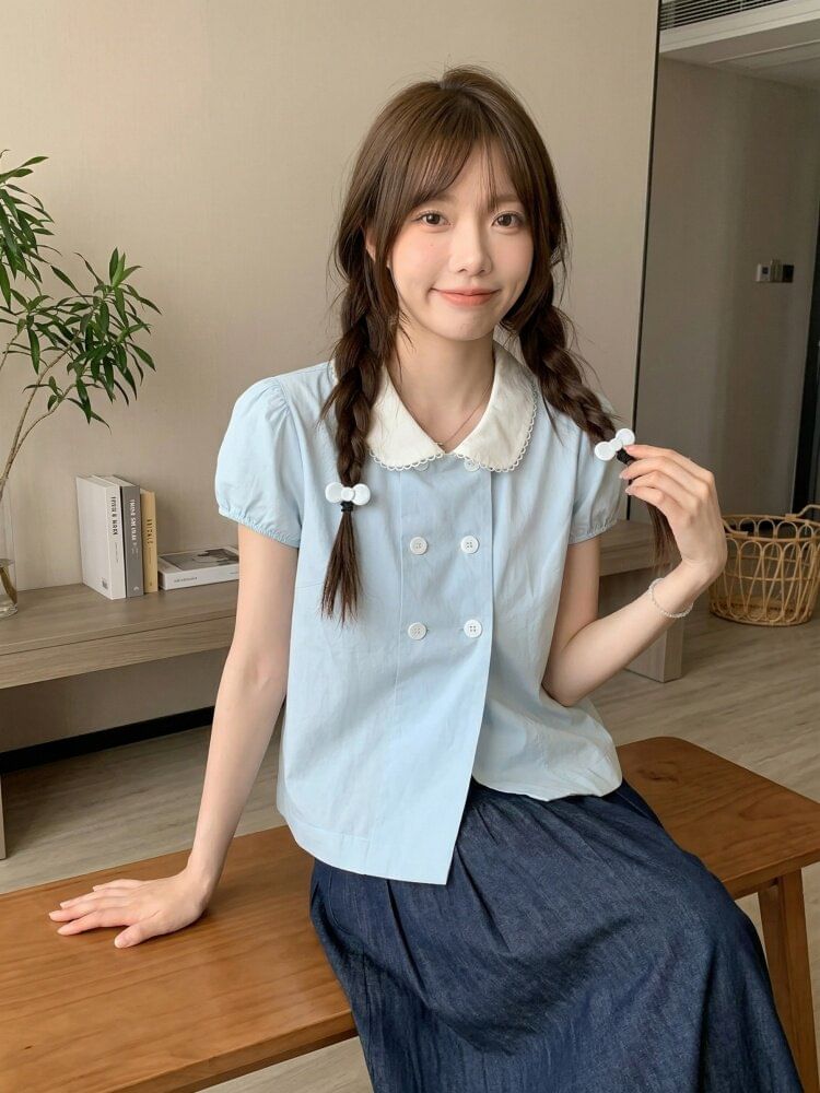 Double Breasted Collared Short Sleeve Blouse