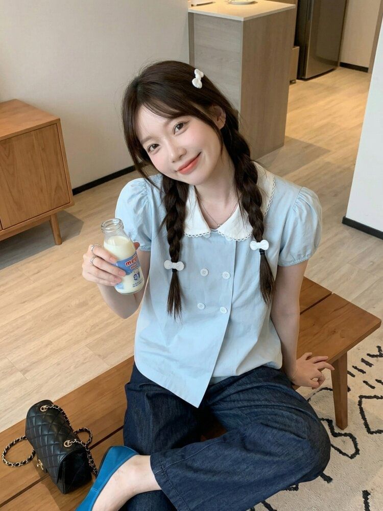 Double Breasted Collared Short Sleeve Blouse