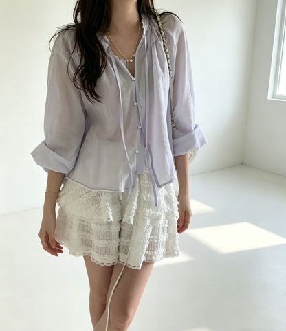 Long Sleeve Ruffled Button Up Blouse