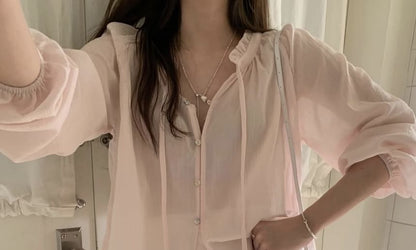Long Sleeve Ruffled Button Up Blouse