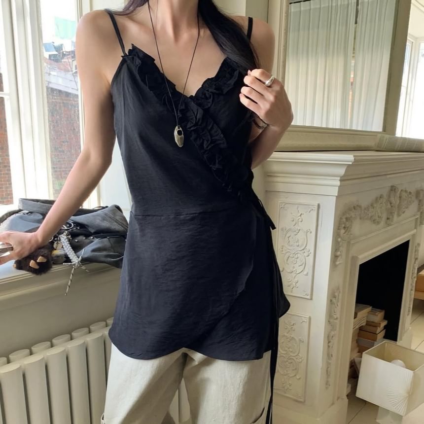 Ruffled Asymmetrical Wrap Camisole Set with Sash