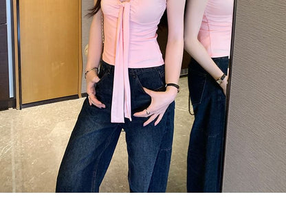 Frill Tie Front V-Neck Crop Tank Top