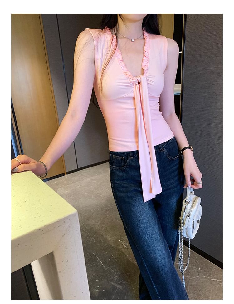Frill Tie Front V-Neck Crop Tank Top