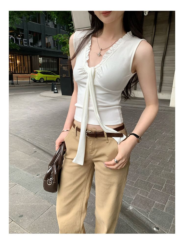 Frill Tie Front V-Neck Crop Tank Top