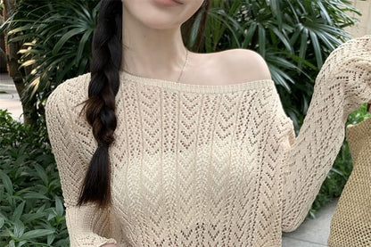 Perforated Sheer Boat Neck Long-Sleeve Top