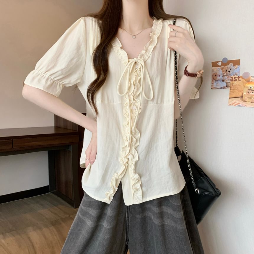 Frill Trim V-Neck Blouse Elbow-Sleeve Button