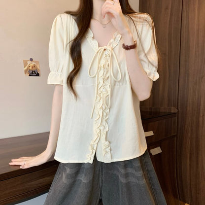 Frill Trim V-Neck Blouse Elbow-Sleeve Button