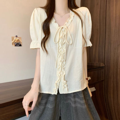 Frill Trim V-Neck Blouse Elbow-Sleeve Button