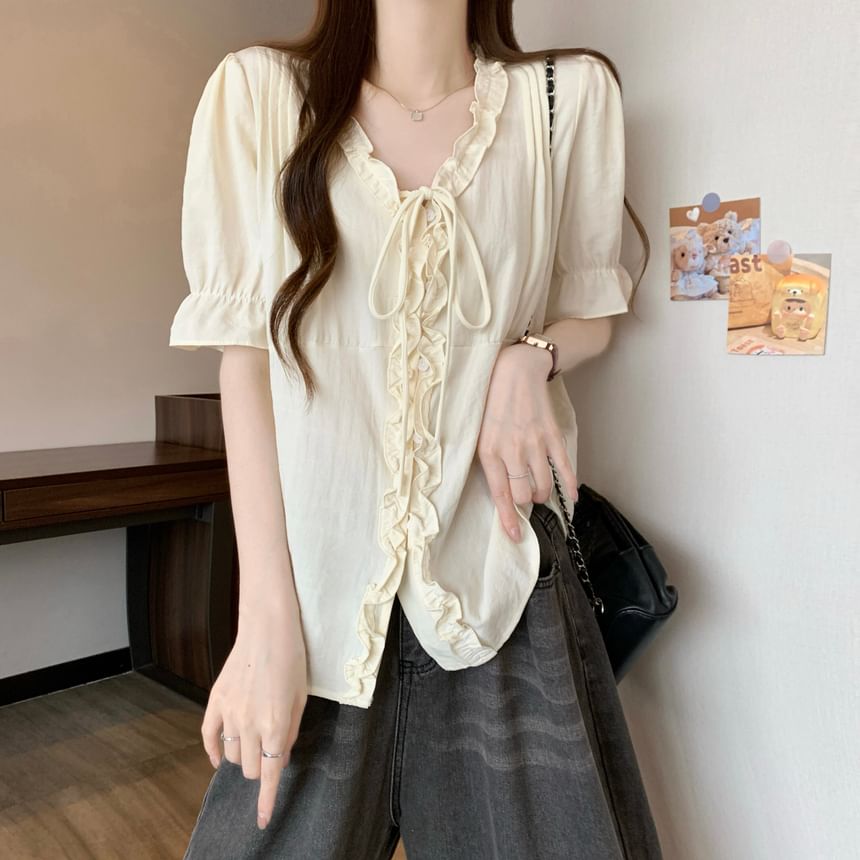 Frill Trim V-Neck Blouse Elbow-Sleeve Button