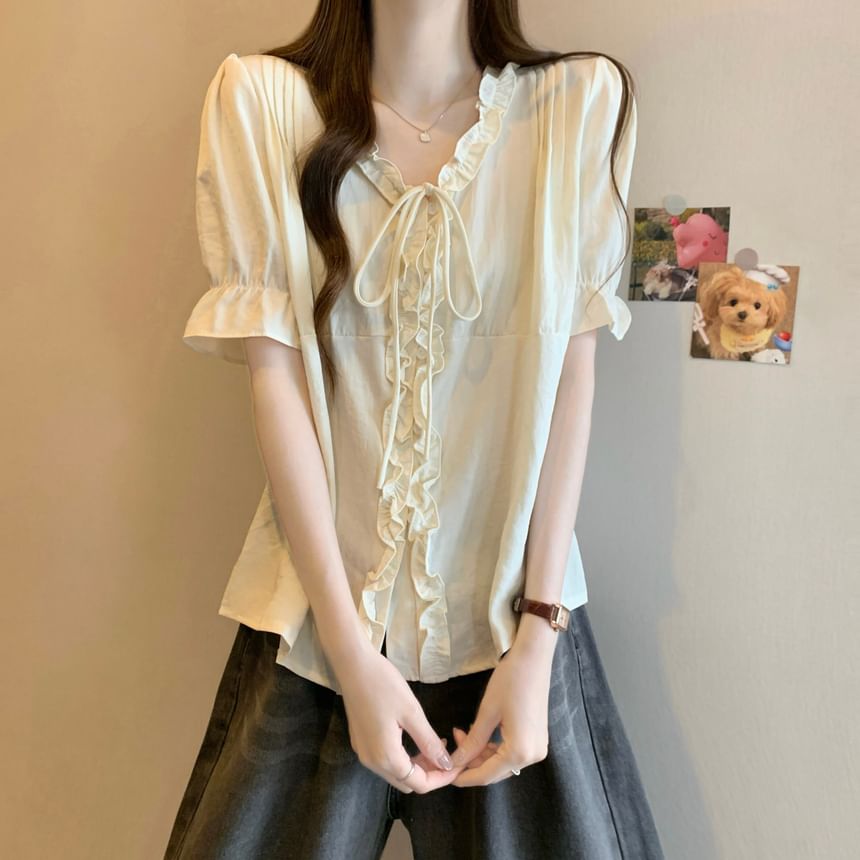 Frill Trim V-Neck Blouse Elbow-Sleeve Button
