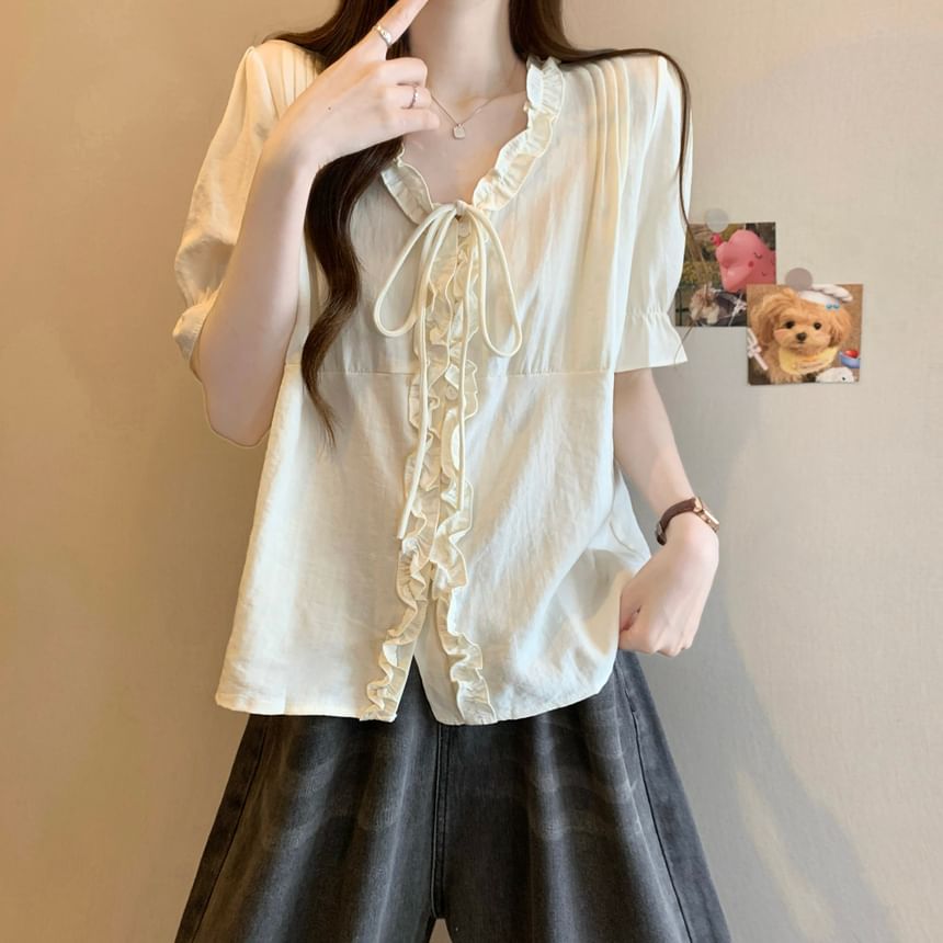 Frill Trim V-Neck Blouse Elbow-Sleeve Button