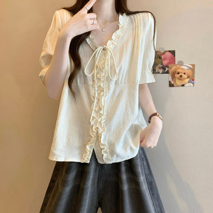 Frill Trim V-Neck Blouse Elbow-Sleeve Button